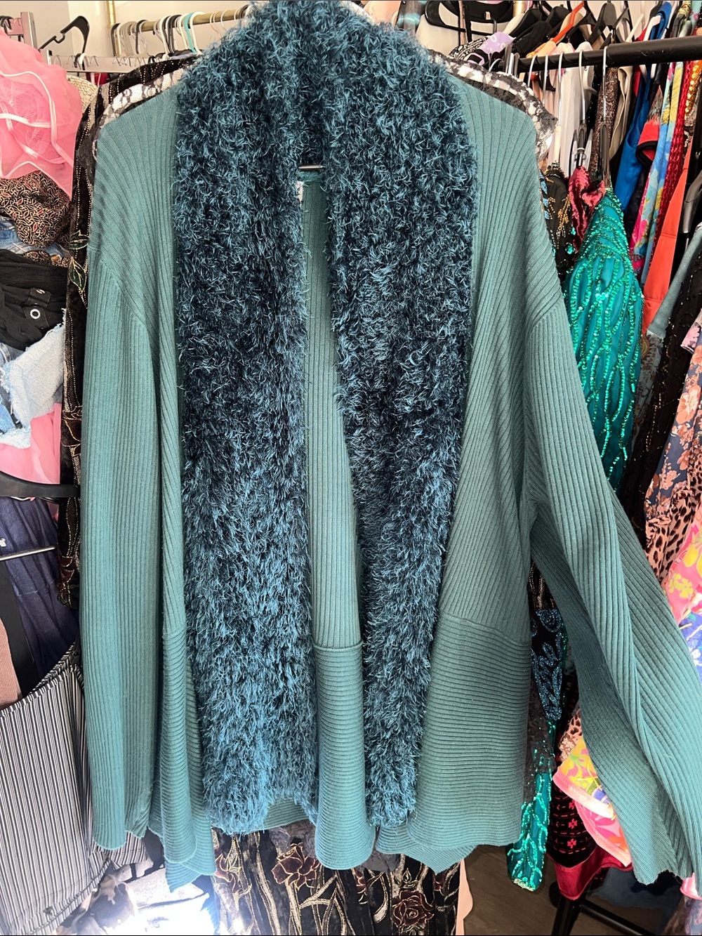 Catherines Teal Open-Front Cardigan with Faux-Fur Trim